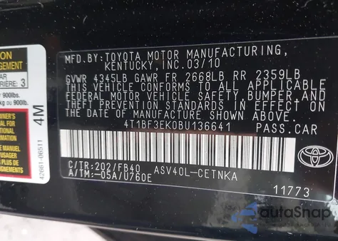 2011 Toyota Camry Le z USA, uszkodzony, nr VIN 4T1BF3EK0BU136641